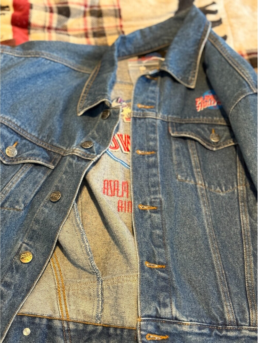 Vintage 90s Planet Hollywood Denim Jacket Womens M Embroidered Logo Buttons
